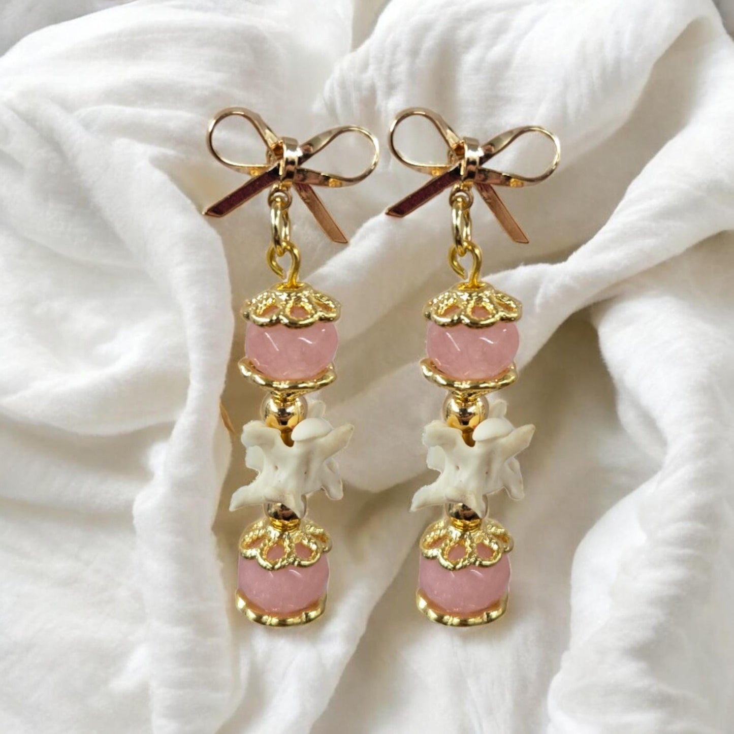 Desert Rose Rattlesnake Vertebrae Earrings | Rose Quartz