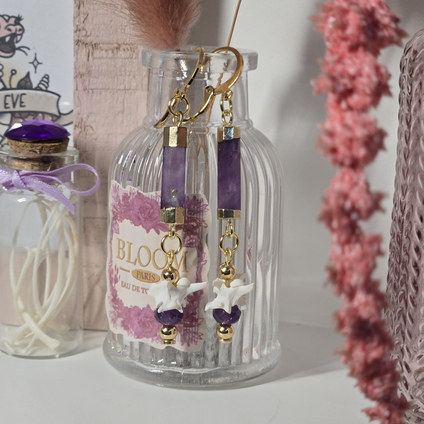 Violet Spire Earrings | Amethyst Crystal & Rattlesnake Bone Statement Earrings | Gothic Coquette Oddity Jewelry | Real Bone Earrings