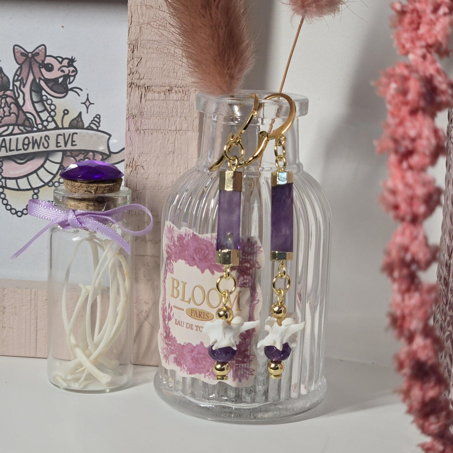 Violet Spire Earrings | Amethyst Crystal & Rattlesnake Bone Statement Earrings | Gothic Coquette Oddity Jewelry | Real Bone Earrings